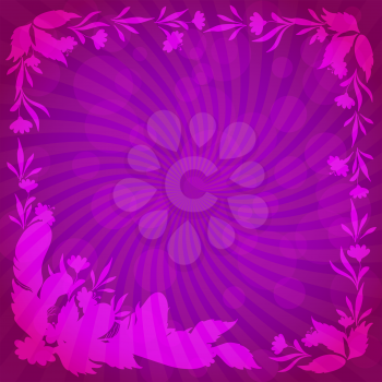 Abstract floral background, lilac silhouette leaves, flowers and feathers. Vector eps10, contains transparencies