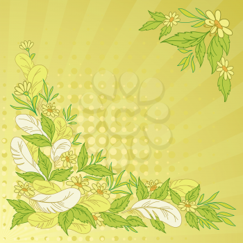 Abstract floral background: leaves, flowers, feathers, rays and circles on green and yellow. Vector