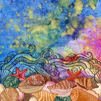 Sea Exotic Pattern, Seashells, Starfish and Contours on a Watercolor Painting Background