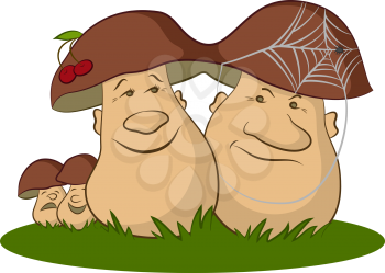 Family of Cartoon Mushrooms Ceps on Green Grass, Parents, Optimistic Mother and Pessimistic Father and Children, Cheerful and Sad. Vector