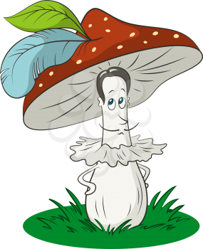 Cartoon Fly-Agaric Mushroom Man on Green Grass, Hat with a Bird Feathers, a Character Symbolizing the Ancient Mustache Gallant Fashion Knight Man. Vector