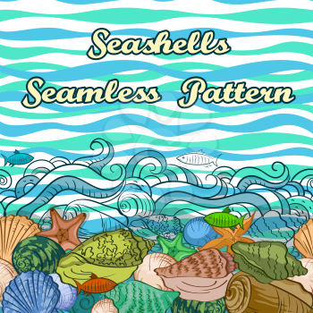 Seamless Horizontal Pattern, Sea Exotic Landscape, Colorful and Contours Seashells, Fishes, Starfish on a Background with Blue and Green Waves. Vector