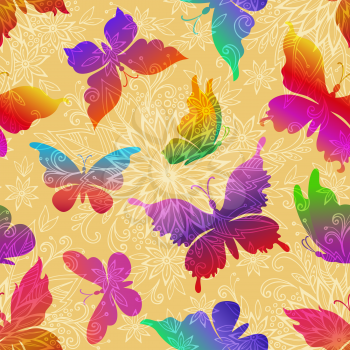 Seamless Pattern, Exotic Colorful Butterflies Silhouettes on Tile Background with Symbolic Flowers Contours. Vector