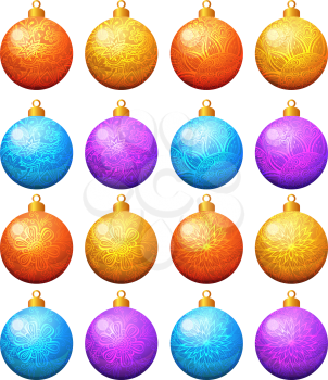 Christmas Tree Ornaments, Set Glass Golden, Lilac and Blue Balls with a Contour Floral Pattern. Vector