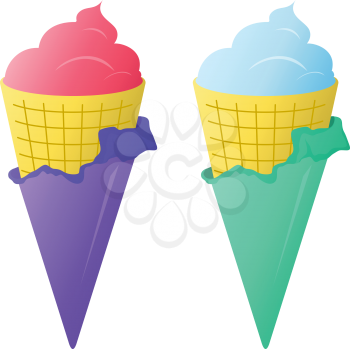 Sweet dessert, various ice-cream in a wafer cups, vector, isolated
