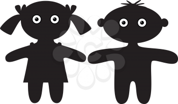 Dolls, little boy and girl, black silhouette, isolated. Vector