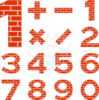 Signs of numbers and mathematical signs decorated with red brick. Vector