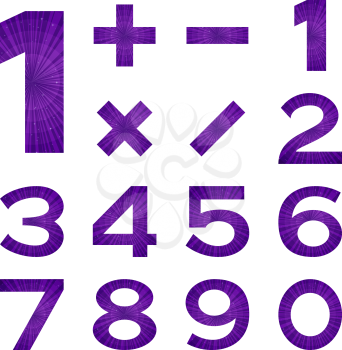 Set of numbers and mathematical signs stylized violet space with stars, elements for web design. Eps10, contains transparencies. Vector