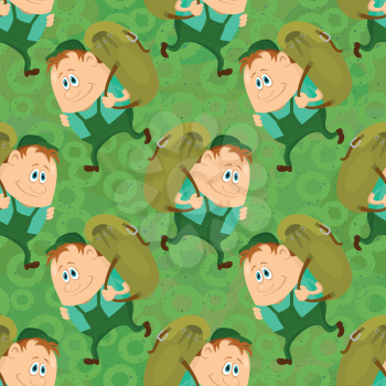 Seamless background with tourists with backpacks, cartoon characters on green background with abstract pattern. Vector