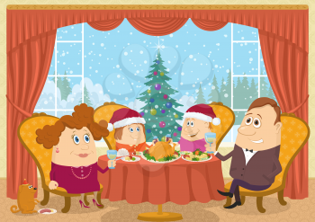 Happy family, father, mother, son and daughter, sitting at home near the table and celebrating Christmas with view on fir tree, holiday background cartoon. Eps10, contains transparencies. Vector