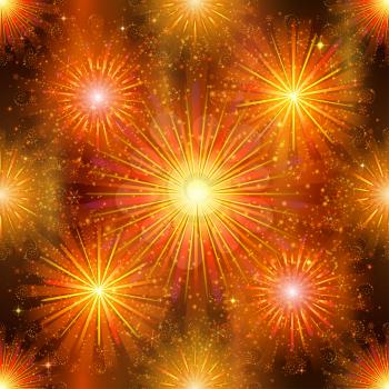 Firework background seamless, gold and orange on night sky. Pattern for holiday design. Vector eps10, contains transparencies