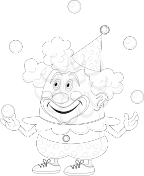 Cheerful kind circus clown juggling balls, holiday illustration, funny cartoon character, black contour isolated on white background. Vector