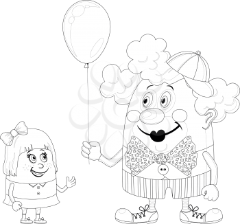 Cheerful kind circus clown gives a little girl a balloon, holiday illustration, funny cartoon character, black contour isolated on white background. Vector