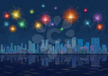 Urban background, night cityscape with skyscrapers and bright holiday fireworks in the starry sky reflecting in blue sea. Vector