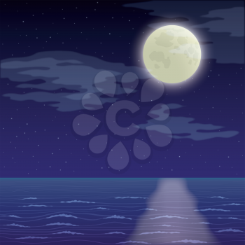 Seascape landscape, dark night sky with stars and sea. Eps10, contains transparencies. Vector