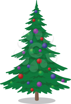 Christmas fir tree with balls, holiday symbol, isolated on white. Vector