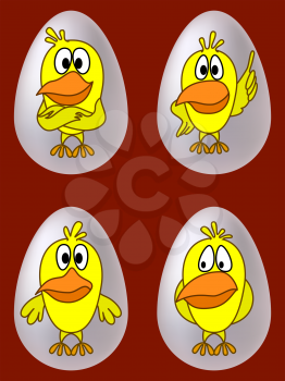 Cartoon birds, chickens with different emotions in eggs, set. Vector