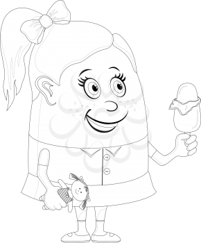 Little girl smiling and keeping doll in one hand and ice cream in another, funny cartoon character, black contour isolated on white background. Vector