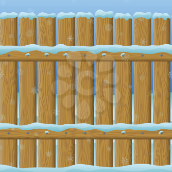Seamless background, natural wooden fence wall under the snow and winter landscape behind it. Eps10, contains transparencies. Vector