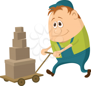 Porter with baggage trolley, cartoon character, man in green uniform and cap. Vector