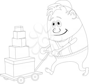 Porter with baggage trolley, cartoon character, man in uniform and cap, contour. Vector