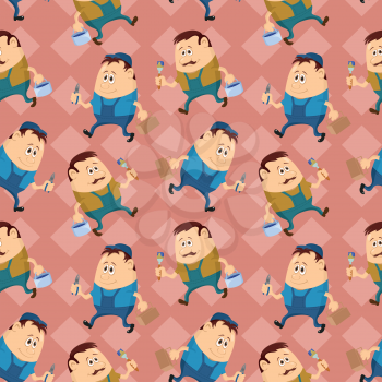 Seamless pattern, workers with pliers and toolboxes and painters with brushes and buckets, cartoon characters on abstract background. Vector