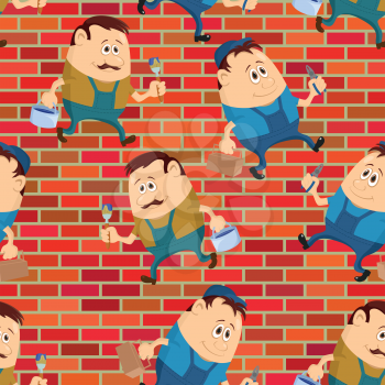 Seamless background with workers with pliers and toolboxes and painters with brushes and buckets, cartoon characters on a brick wall. Vector
