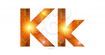 Set of English letters signs uppercase and lowercase K, stylized gold and orange holiday firework with stars and flares, elements for web design. Eps10, contains transparencies. Vector