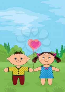 Children on forest glade, little boy and girl, dolls standing on green meadow with valentine heart balloons. Vector