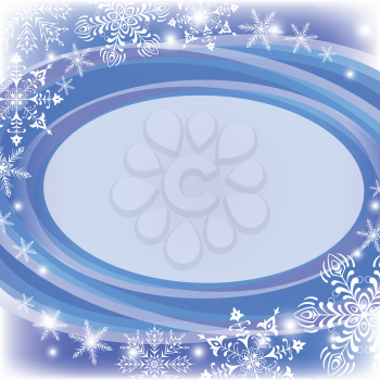 Christmas blue background for holiday design with oval frame and snowflakes. Eps10, contains transparencies. Vector