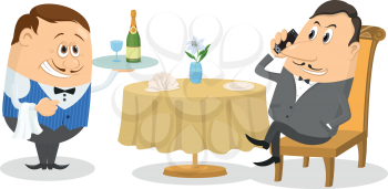 Respectable man sitting behind restaurant table while waiter gives him a tray with champagne, funny cartoon illustration. Vector