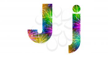 Set of English letters signs uppercase and lowercase J, stylized colorful holiday firework with stars and flares, elements for web design. Eps10, contains transparencies. Vector