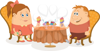 Two little children, boy and girl sitting near table and eating ice cream, funny cartoon illustration, isolated. Vector