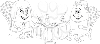 Two little children, boy and girl sitting near table, drinking juice and eating buns, funny cartoon illustration, black contour isolated on white background. Vector