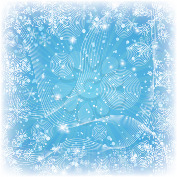 Christmas blue background for holiday design with snowflakes, rays and stars. Eps10, contains transparencies. Vector