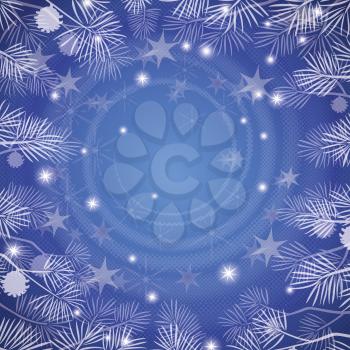 Abstract blue background for holiday design with stars, pine branches and helix. Eps10, contains transparencies. Vector