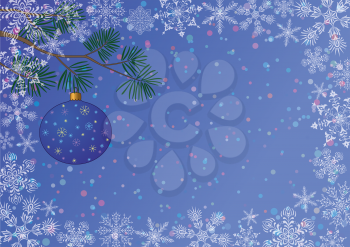Christmas background for holiday design, snowflakes and pine branch with glass ball on blue sky. Eps10, contains transparencies. Vector