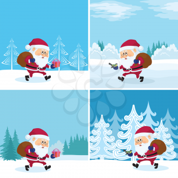 Santa Claus with a bag of gifts walking in winter forest, Christmas illustration, set of backgrounds. Vector