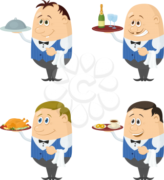 Set of Waiters in Blue Uniform with Different Meals on Their Trays, Coffee, Champagne and Roast Turkey, Funny Cartoon Characters Isolated on White Background. Eps10, contains transparencies. Vector