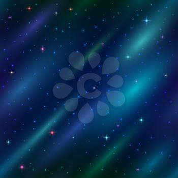 Abstract space seamless background with dark blue sky, stars and color cosmic rays. Vector eps10, contains transparencies