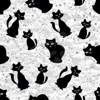 Seamless background, cartoon cats black silhouettes with white eyes and abstract pattern. Vector