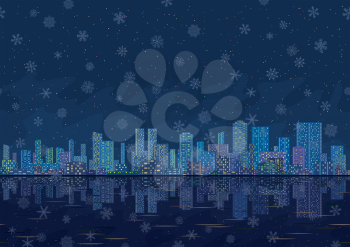 Urban background, night cityscape with skyscrapers reflecting in blue sea and white Christmas snowflakes in the starry sky. Vector