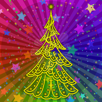 Christmas fir tree, holiday contour symbol on abstract rainbow background. Vector