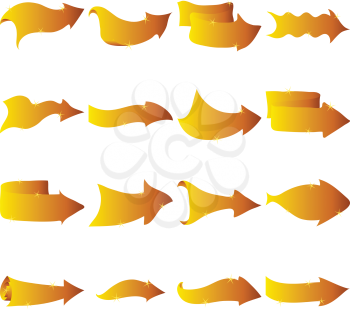 Set of different abstract gold arrows, design elements, isolated on white background. Vector