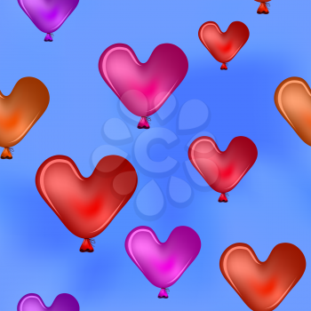 seamless background, red balloons - valentine hearts fly in the blue sky. Vector