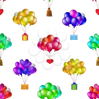 Seamless background of balloons, colorful bunches flying with various objects: holiday mail, gift box, valentine heart, bag of money. Vector