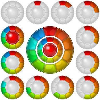 Set of round glass colorful loading progress bars of rings at different stages, elements for web design. Eps10, contains transparencies. Vector