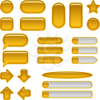 Set of glass gold buttons and sliders, computer icons of different forms for web design, isolated on white background. Vector eps10, contains transparencies
