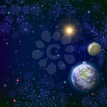Symbolic background, snowflakes in space, Earth, Moon and Sun as Christmas balls. Elements of this image furnished by NASA (www.visibleearth.nasa.gov). Eps10, contains transparencies. Vector