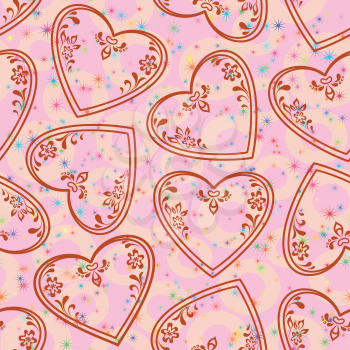Valentine holiday seamless pattern with pictogram hearts on pink background, stars and circles. Vector